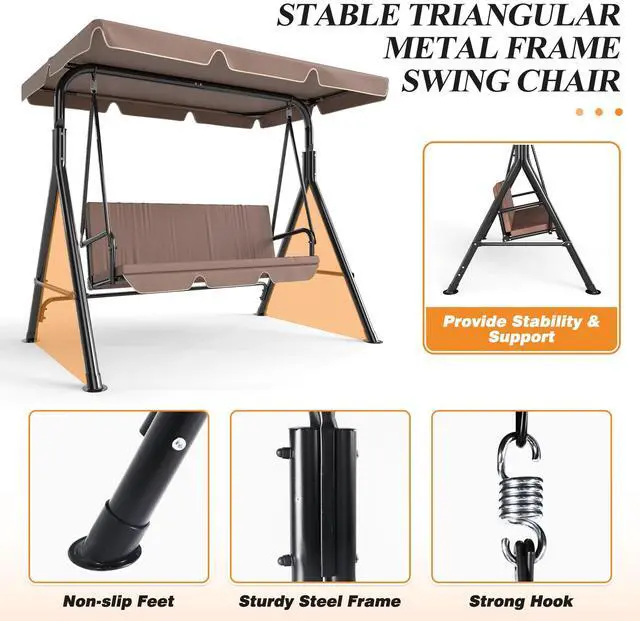 Alt view image 2 of 6 - 3-Seat Patio Swing Chair, Outdoor Porch Swing with Adjustable Canopy and Durable Steel Frame for Patio, Garden, Poolside(Brown)