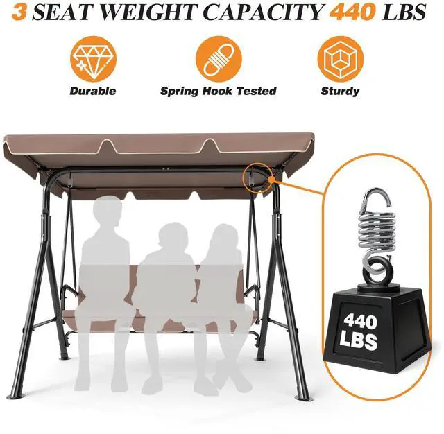 Alt view image 3 of 6 - 3-Seat Patio Swing Chair, Outdoor Porch Swing with Adjustable Canopy and Durable Steel Frame for Patio, Garden, Poolside(Brown)