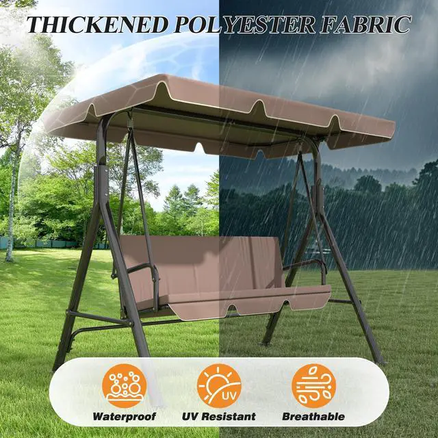 Alt view image 4 of 6 - 3-Seat Patio Swing Chair, Outdoor Porch Swing with Adjustable Canopy and Durable Steel Frame for Patio, Garden, Poolside(Brown)