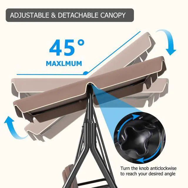 Alt view image 5 of 6 - 3-Seat Patio Swing Chair, Outdoor Porch Swing with Adjustable Canopy and Durable Steel Frame for Patio, Garden, Poolside(Brown)