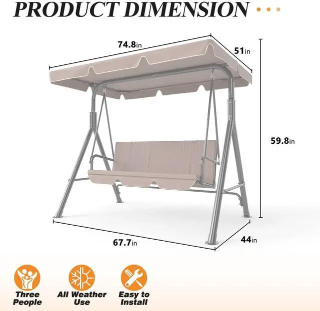 Alt view image 6 of 6 - 3-Seat Patio Swing Chair, Outdoor Porch Swing with Adjustable Canopy and Durable Steel Frame for Patio, Garden, Poolside(Brown)