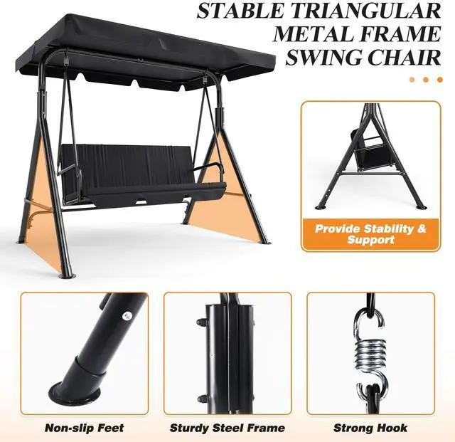Alt view image 2 of 6 - 3-Seat Patio Swing Chair,Outdoor Porch Swing with Adjustable Canopy and Durable Steel Frame for Patio, Garden, Poolside (Black)