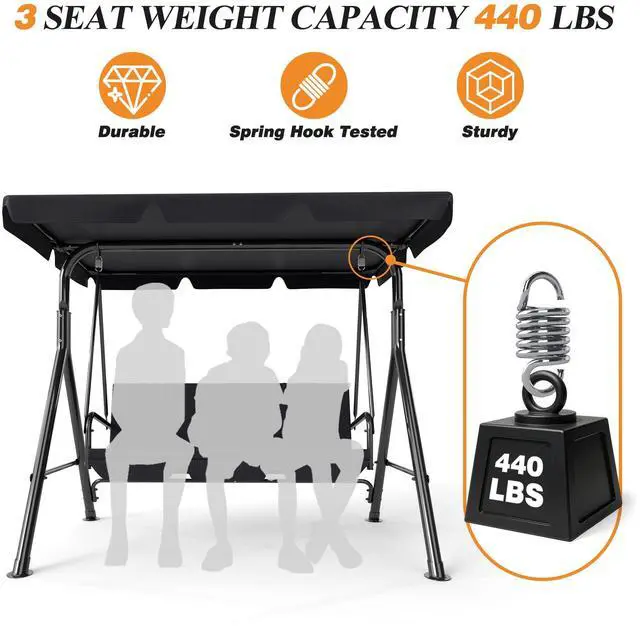 Alt view image 3 of 6 - 3-Seat Patio Swing Chair,Outdoor Porch Swing with Adjustable Canopy and Durable Steel Frame for Patio, Garden, Poolside (Black)