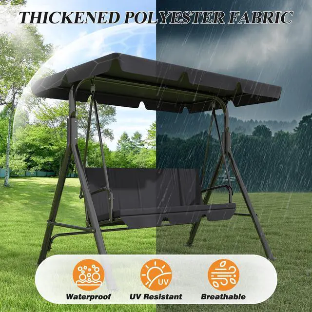 Alt view image 4 of 6 - 3-Seat Patio Swing Chair,Outdoor Porch Swing with Adjustable Canopy and Durable Steel Frame for Patio, Garden, Poolside (Black)