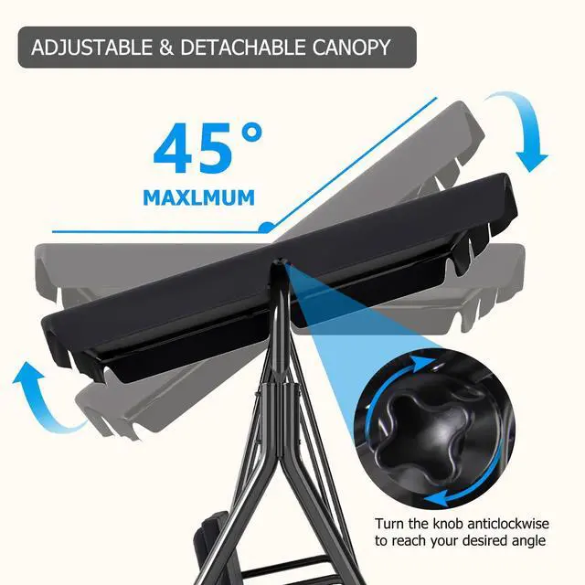 Alt view image 5 of 6 - 3-Seat Patio Swing Chair,Outdoor Porch Swing with Adjustable Canopy and Durable Steel Frame for Patio, Garden, Poolside (Black)
