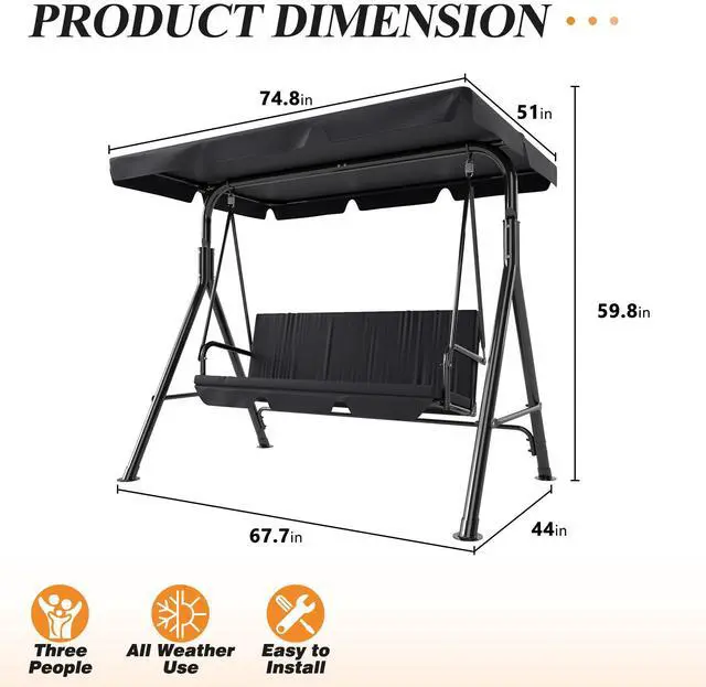 Alt view image 6 of 6 - 3-Seat Patio Swing Chair,Outdoor Porch Swing with Adjustable Canopy and Durable Steel Frame for Patio, Garden, Poolside (Black)
