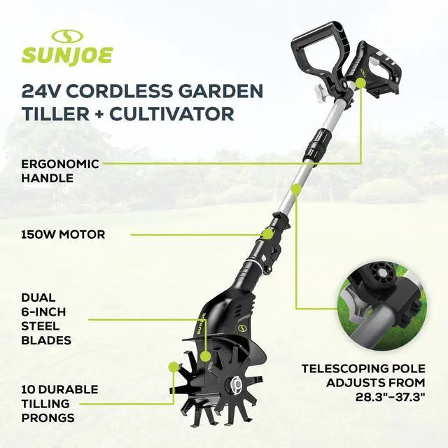 Alt view image 3 of 6 - Cordless Garden Tiller & Cultivator with Telescopic Pole, Auxiliary Handle & 6-Inch Steel Blades, 24V, Tool Only - Heavy-Duty Tilling Machine for Lawn, Yard, and Gardening Care, 24V-TLR-CT