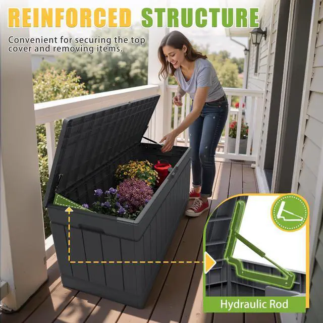 Alt view image 2 of 6 - Outdoor Storage Box 82 Gallon Storage Bin with Lid for Patio Furniture, Garden Tools, Pool Supplies, Waterproof and UV Resistant, Lockable, Gray
