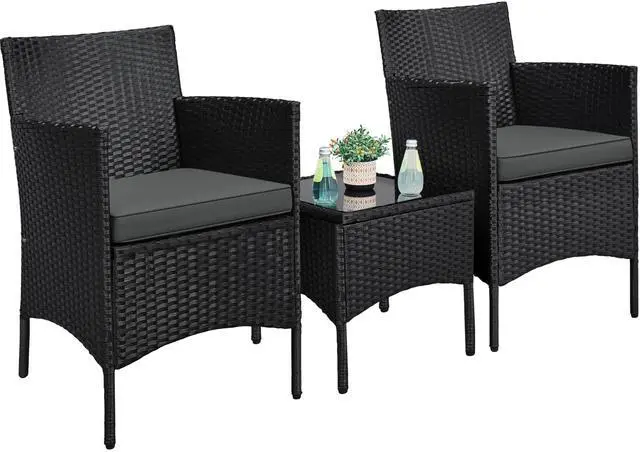 Main image of 3 Pieces Patio Porch Furniture Set, Outdoor PE Rattan Wicker Conversation Set with Soft Cushions, Glass Coffee Table & 2 Chairs for Garden/Deck/Courtyard/Poolside, Black/Gray