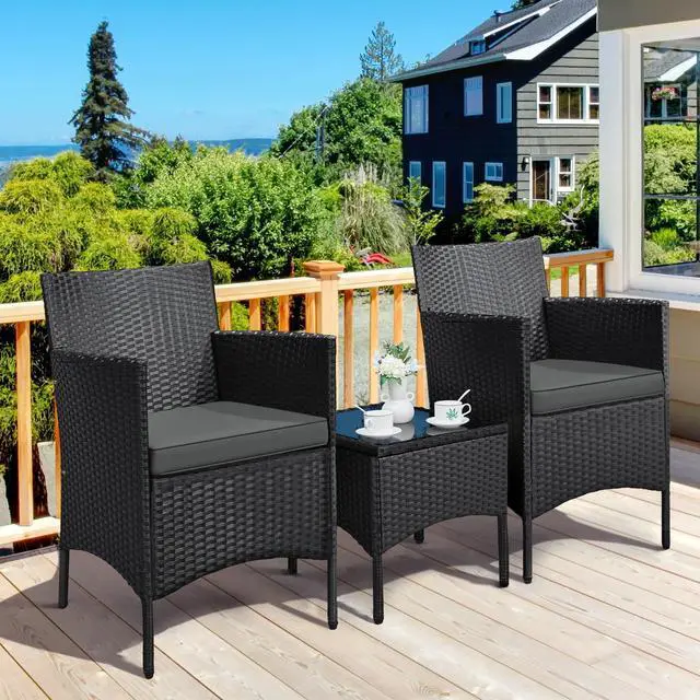 Alt view image 2 of 6 - 3 Pieces Patio Porch Furniture Set, Outdoor PE Rattan Wicker Conversation Set with Soft Cushions, Glass Coffee Table & 2 Chairs for Garden/Deck/Courtyard/Poolside, Black/Gray