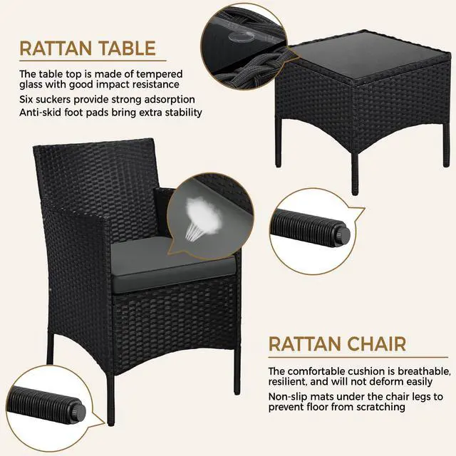Alt view image 3 of 6 - 3 Pieces Patio Porch Furniture Set, Outdoor PE Rattan Wicker Conversation Set with Soft Cushions, Glass Coffee Table & 2 Chairs for Garden/Deck/Courtyard/Poolside, Black/Gray