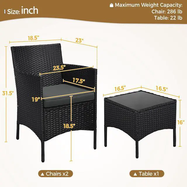 Alt view image 4 of 6 - 3 Pieces Patio Porch Furniture Set, Outdoor PE Rattan Wicker Conversation Set with Soft Cushions, Glass Coffee Table & 2 Chairs for Garden/Deck/Courtyard/Poolside, Black/Gray