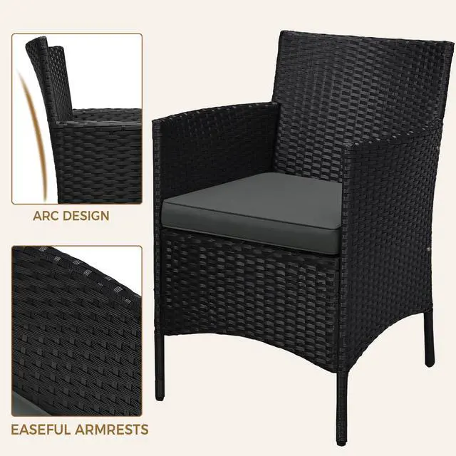 Alt view image 5 of 6 - 3 Pieces Patio Porch Furniture Set, Outdoor PE Rattan Wicker Conversation Set with Soft Cushions, Glass Coffee Table & 2 Chairs for Garden/Deck/Courtyard/Poolside, Black/Gray