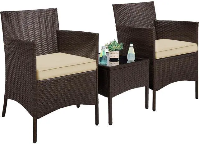 Main image of 3 Pieces Patio Porch Furniture Set, Outdoor PE Rattan Wicker Conversation Set with Soft Cushions, Glass Coffee Table & 2 Chairs for Garden/Deck/Courtyard/Poolside, Brown/Khaki