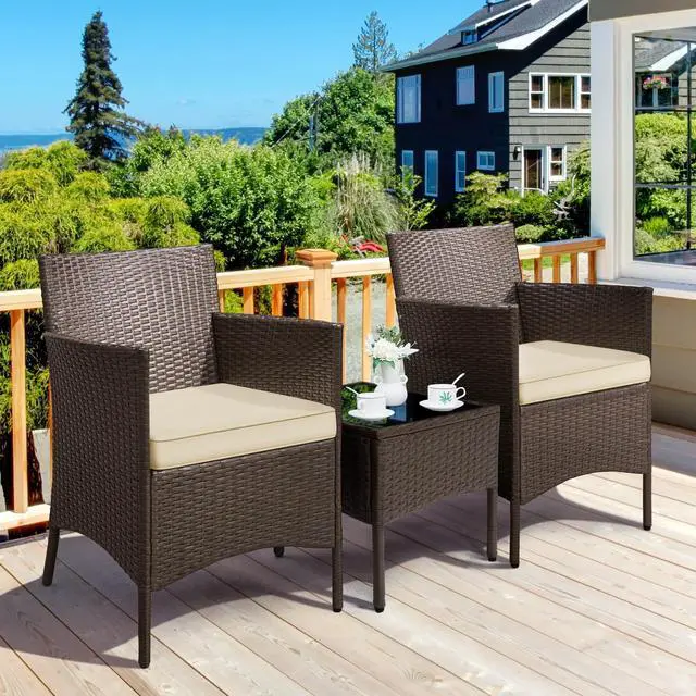 Alt view image 2 of 6 - 3 Pieces Patio Porch Furniture Set, Outdoor PE Rattan Wicker Conversation Set with Soft Cushions, Glass Coffee Table & 2 Chairs for Garden/Deck/Courtyard/Poolside, Brown/Khaki