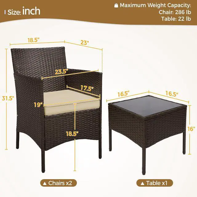 Alt view image 3 of 6 - 3 Pieces Patio Porch Furniture Set, Outdoor PE Rattan Wicker Conversation Set with Soft Cushions, Glass Coffee Table & 2 Chairs for Garden/Deck/Courtyard/Poolside, Brown/Khaki