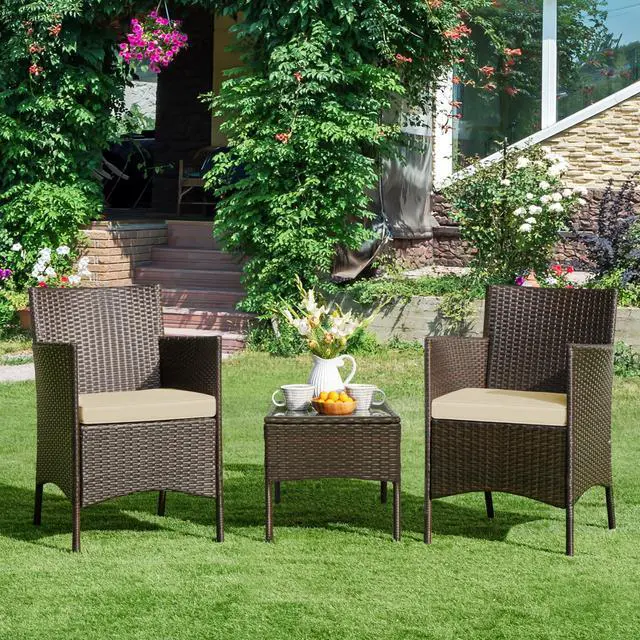 Alt view image 4 of 6 - 3 Pieces Patio Porch Furniture Set, Outdoor PE Rattan Wicker Conversation Set with Soft Cushions, Glass Coffee Table & 2 Chairs for Garden/Deck/Courtyard/Poolside, Brown/Khaki
