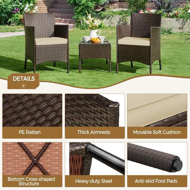 Alt view image 5 of 6 - 3 Pieces Patio Porch Furniture Set, Outdoor PE Rattan Wicker Conversation Set with Soft Cushions, Glass Coffee Table & 2 Chairs for Garden/Deck/Courtyard/Poolside, Brown/Khaki