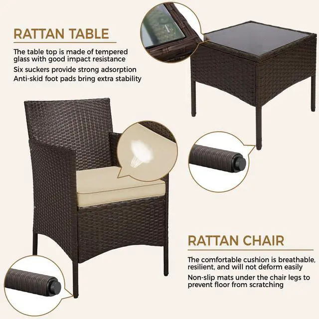 Alt view image 6 of 6 - 3 Pieces Patio Porch Furniture Set, Outdoor PE Rattan Wicker Conversation Set with Soft Cushions, Glass Coffee Table & 2 Chairs for Garden/Deck/Courtyard/Poolside, Brown/Khaki