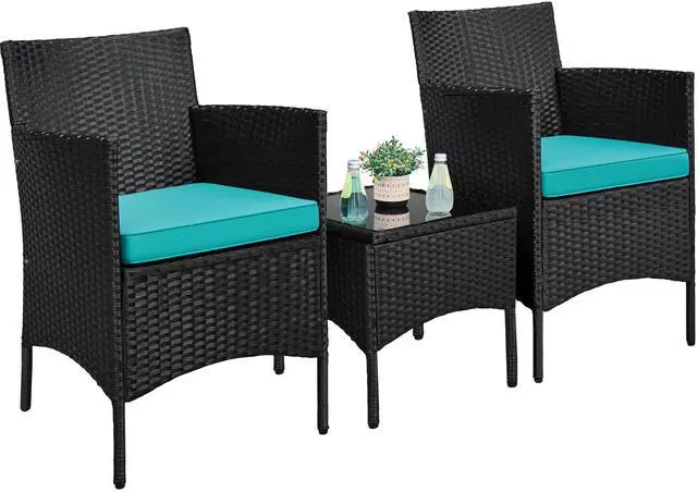 Main image of 3 Pieces Patio Porch Furniture Set, Outdoor PE Rattan Wicker Conversation Set with Soft Cushions, Glass Coffee Table & 2 Chairs for Garden/Deck/Courtyard/Poolside, Black/Cyan