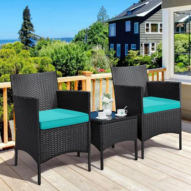Alt view image 2 of 6 - 3 Pieces Patio Porch Furniture Set, Outdoor PE Rattan Wicker Conversation Set with Soft Cushions, Glass Coffee Table & 2 Chairs for Garden/Deck/Courtyard/Poolside, Black/Cyan
