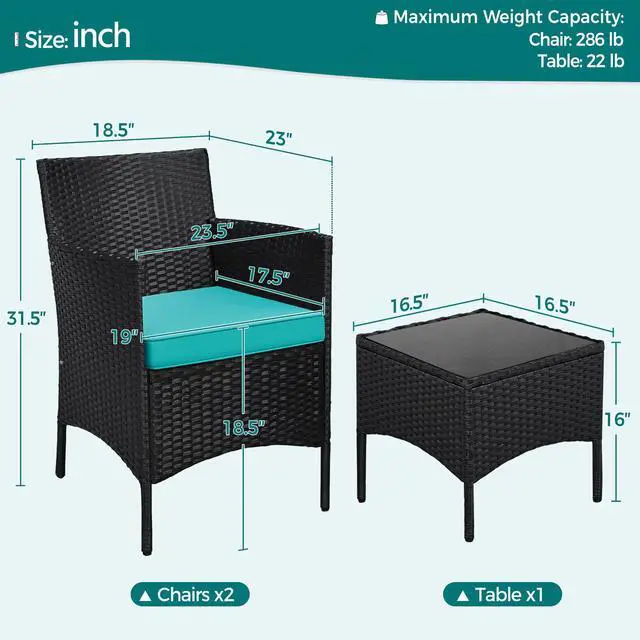 Alt view image 3 of 6 - 3 Pieces Patio Porch Furniture Set, Outdoor PE Rattan Wicker Conversation Set with Soft Cushions, Glass Coffee Table & 2 Chairs for Garden/Deck/Courtyard/Poolside, Black/Cyan