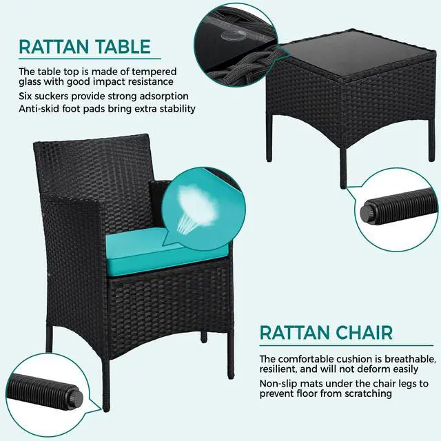 Alt view image 4 of 6 - 3 Pieces Patio Porch Furniture Set, Outdoor PE Rattan Wicker Conversation Set with Soft Cushions, Glass Coffee Table & 2 Chairs for Garden/Deck/Courtyard/Poolside, Black/Cyan