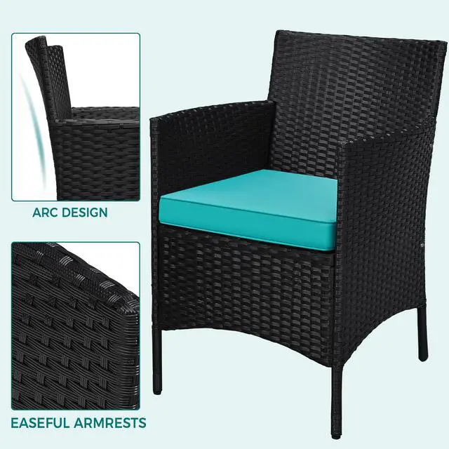 Alt view image 5 of 6 - 3 Pieces Patio Porch Furniture Set, Outdoor PE Rattan Wicker Conversation Set with Soft Cushions, Glass Coffee Table & 2 Chairs for Garden/Deck/Courtyard/Poolside, Black/Cyan