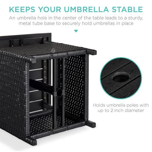 Alt view image 5 of 6 - Wicker Side Table with Umbrella Hole, Square PE Rattan Outdoor End Table for Patio, Garden, Poolside, Deck w/UV-Resistant Frame, Storage Space - Black