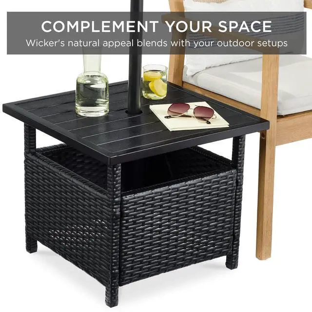 Alt view image 6 of 6 - Wicker Side Table with Umbrella Hole, Square PE Rattan Outdoor End Table for Patio, Garden, Poolside, Deck w/UV-Resistant Frame, Storage Space - Black