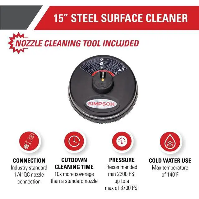 Alt view image 2 of 6 - Cleaning 80165 Universal 15" Steel Pressure Washer Surface Cleaner for Cold Water Machines, 1/4" Quick Connection, Recommended Min 2200 PSI up to Max of 3700 PSI, Black