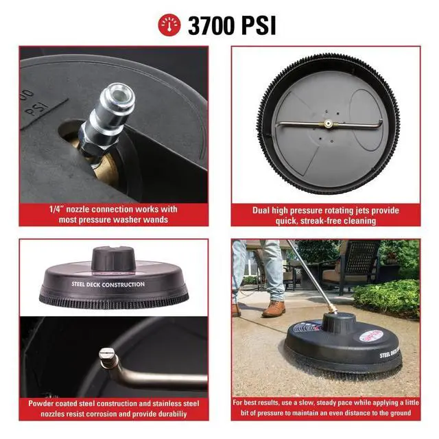 Alt view image 3 of 6 - Cleaning 80165 Universal 15" Steel Pressure Washer Surface Cleaner for Cold Water Machines, 1/4" Quick Connection, Recommended Min 2200 PSI up to Max of 3700 PSI, Black