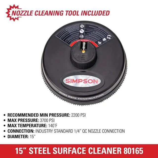 Alt view image 5 of 6 - Cleaning 80165 Universal 15" Steel Pressure Washer Surface Cleaner for Cold Water Machines, 1/4" Quick Connection, Recommended Min 2200 PSI up to Max of 3700 PSI, Black
