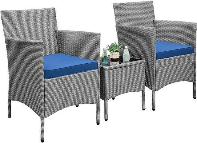 Main image of 3 Pieces Patio Porch Furniture Set, Outdoor PE Rattan Wicker Conversation Set with Soft Cushions, Glass Coffee Table & 2 Chairs for Garden/Deck/Courtyard/Poolside, Gray/Dark Blue