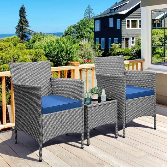 Alt view image 2 of 5 - 3 Pieces Patio Porch Furniture Set, Outdoor PE Rattan Wicker Conversation Set with Soft Cushions, Glass Coffee Table & 2 Chairs for Garden/Deck/Courtyard/Poolside, Gray/Dark Blue