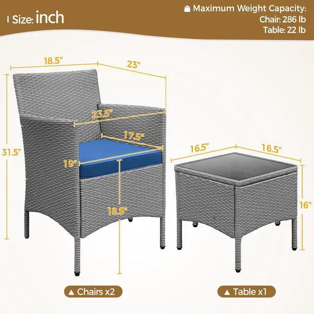 Alt view image 3 of 5 - 3 Pieces Patio Porch Furniture Set, Outdoor PE Rattan Wicker Conversation Set with Soft Cushions, Glass Coffee Table & 2 Chairs for Garden/Deck/Courtyard/Poolside, Gray/Dark Blue