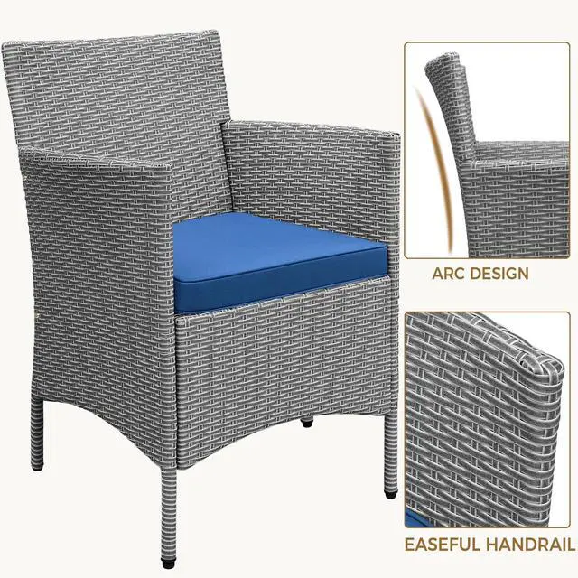 Alt view image 4 of 5 - 3 Pieces Patio Porch Furniture Set, Outdoor PE Rattan Wicker Conversation Set with Soft Cushions, Glass Coffee Table & 2 Chairs for Garden/Deck/Courtyard/Poolside, Gray/Dark Blue
