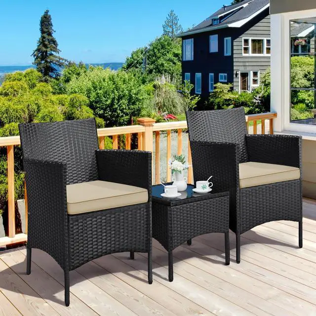 Alt view image 2 of 6 - 3 Pieces Patio Conversation Set, Outdoor Rattan Bistro Furniture, 2 Chairs with Cushions & 1 Side Table for Bistro/Porch/Garden/Deck/Courtyard, Black/Khaki