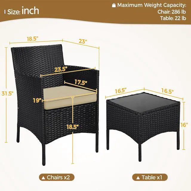 Alt view image 3 of 6 - 3 Pieces Patio Conversation Set, Outdoor Rattan Bistro Furniture, 2 Chairs with Cushions & 1 Side Table for Bistro/Porch/Garden/Deck/Courtyard, Black/Khaki