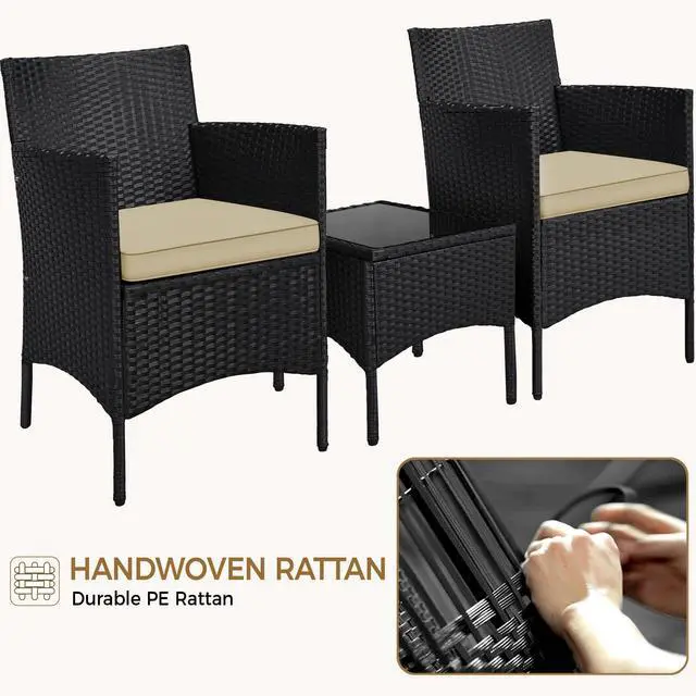 Alt view image 4 of 6 - 3 Pieces Patio Conversation Set, Outdoor Rattan Bistro Furniture, 2 Chairs with Cushions & 1 Side Table for Bistro/Porch/Garden/Deck/Courtyard, Black/Khaki