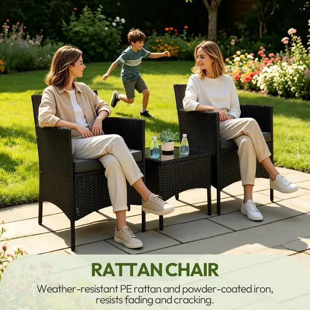 Alt view image 5 of 6 - 3 Pieces Patio Conversation Set, Outdoor Rattan Bistro Furniture, 2 Chairs with Cushions & 1 Side Table for Bistro/Porch/Garden/Deck/Courtyard, Black/Khaki
