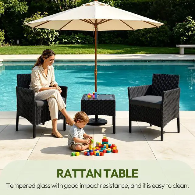 Alt view image 6 of 6 - 3 Pieces Patio Conversation Set, Outdoor Rattan Bistro Furniture, 2 Chairs with Cushions & 1 Side Table for Bistro/Porch/Garden/Deck/Courtyard, Black/Khaki