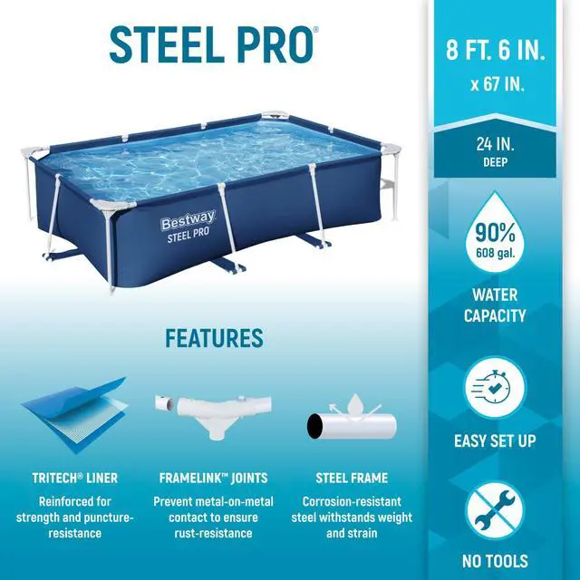 Alt view image 2 of 6 - Steel Pro 8.5 Feet x 67 Inch x 24 Inch Rectangular Steel Frame Above Ground Outdoor Backyard Swimming Pool, Blue (Pool Only)