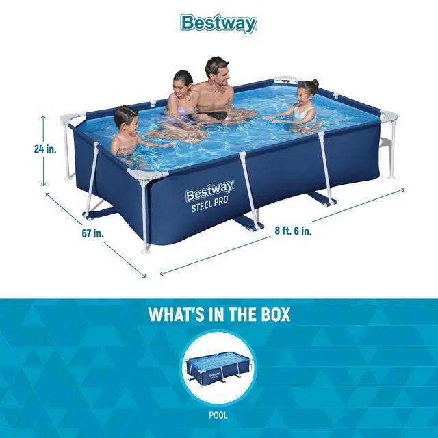 Alt view image 3 of 6 - Steel Pro 8.5 Feet x 67 Inch x 24 Inch Rectangular Steel Frame Above Ground Outdoor Backyard Swimming Pool, Blue (Pool Only)