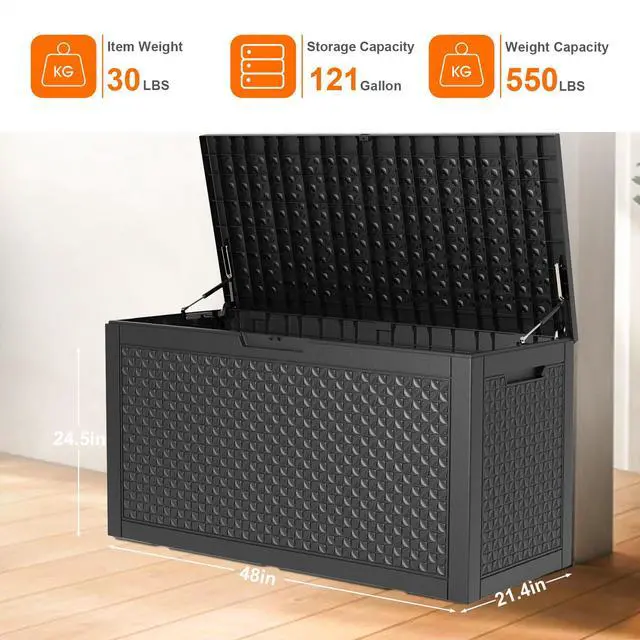 Alt view image 2 of 6 - 121 Gallon Waterproof Outdoor Storage Box,Resin Deck Box,Lockable Outside Storage Box Container for Patio Furniure,Garden,Pool Tools (121 Gallon,Black)