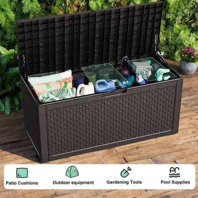 Alt view image 3 of 6 - 121 Gallon Waterproof Outdoor Storage Box,Resin Deck Box,Lockable Outside Storage Box Container for Patio Furniure,Garden,Pool Tools (121 Gallon,Black)