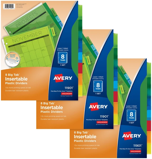 Main image of Avery® Plastic Dividers, Insertable Big Tab, 8-Tab, Multicolor, 3 Set