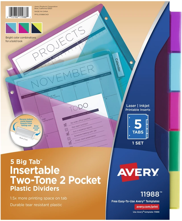 Main image of Avery® Plastic Dividers, Insertable Big Tab, 5-Tab, Multicolor, 1 Set