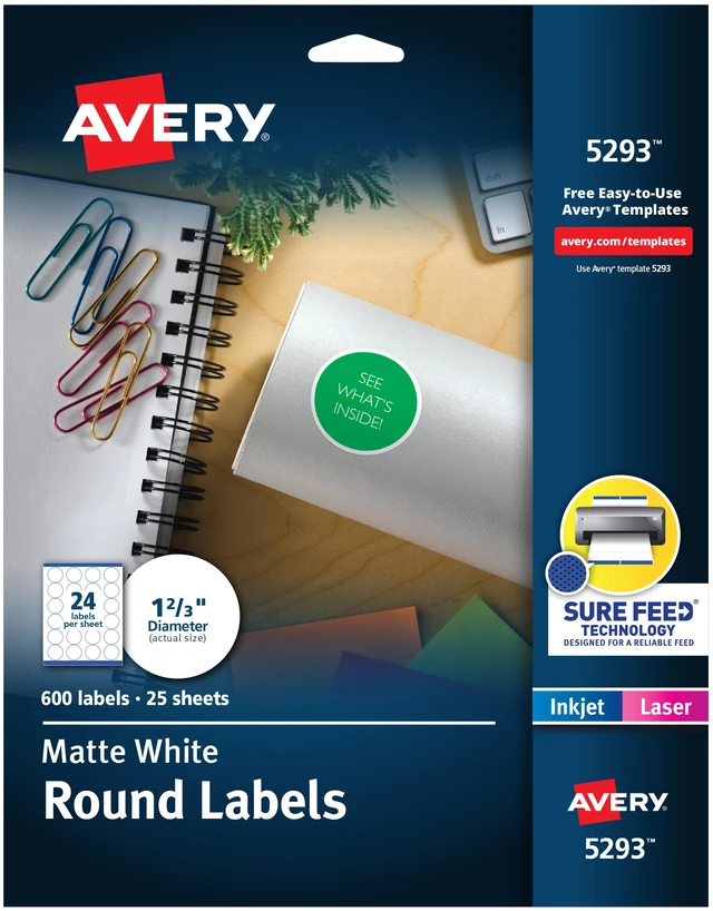 Main image of Avery® Round Labels, 1-2/3", Matte White, 600ct (5293)