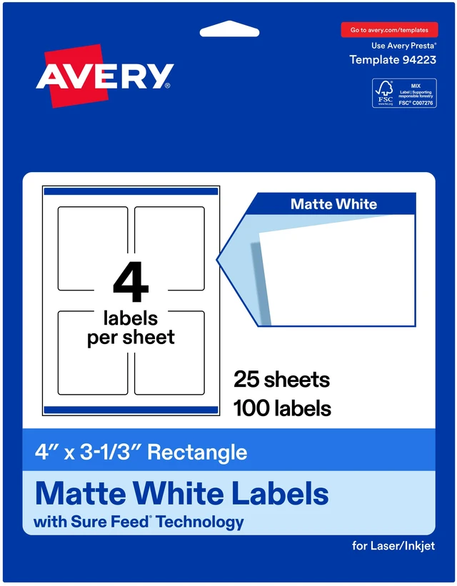 Main image of Avery® Matte White Rectangle Labels, 4" x 3-1/3", 100 Labels